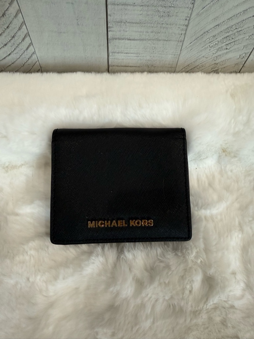 Michael Kors Black Saffiano Leather Fold Card Holder with Gold Logo